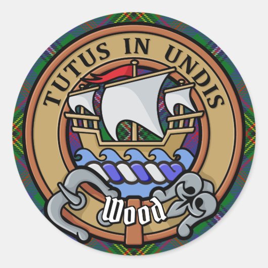 Clan Wood Crest boven Tartan Ronde Sticker (Voorkant)