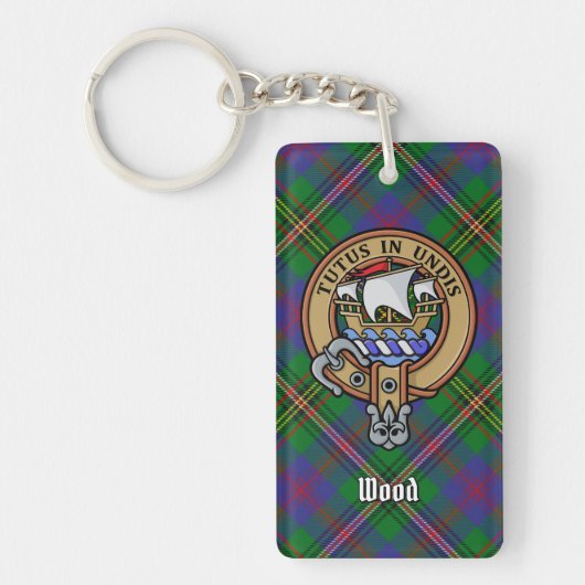 Clan Wood Crest boven Tartan Sleutelhanger (Voorkant)