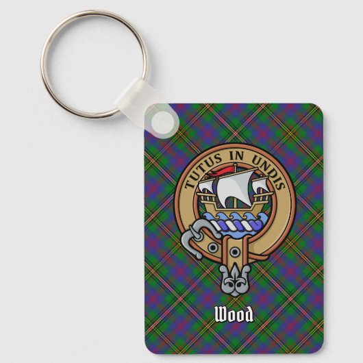 Clan Wood Crest boven Tartan Sleutelhanger (Voorkant)