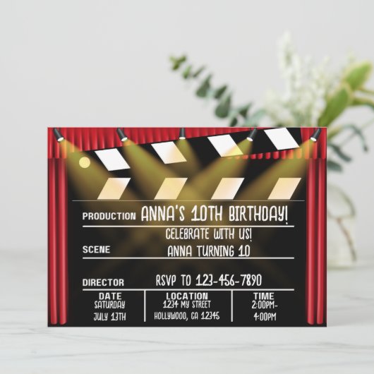 Clapperboard verjaardagsuitnodiging kaart (Staand voorkant)