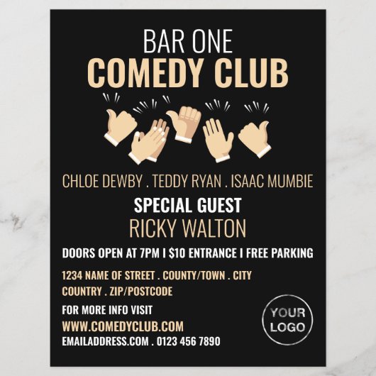 Clapping Hands, Comedian, Comedy Club Adverteren Flyer (Voorkant)