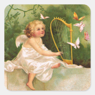 Clapsaddle: Angel die Harp speelt Vierkante Sticker