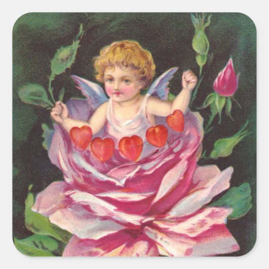 Clapsaddle: Bloem Cherub-Roos Vierkante Sticker (Voorkant)