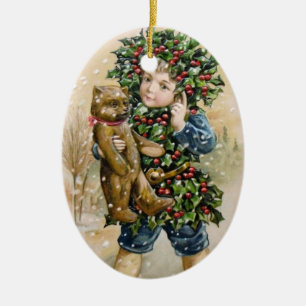 Clapsaddle: Holly Boy met Teddy Keramisch Ornament