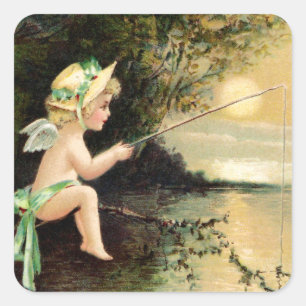 Clapsaddle: Kleine Cherub met Gevist Rod Vierkante Sticker