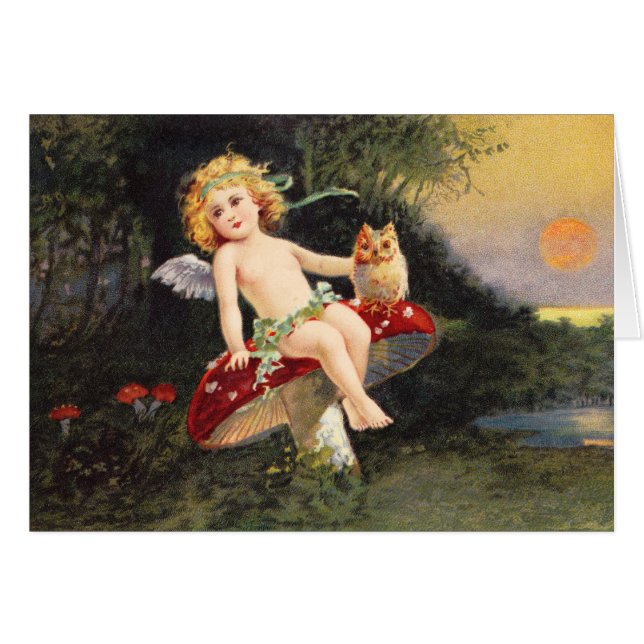 Clapsaddle: Kleine Cherub op paddenstoel (Voorkant Horizontaal)