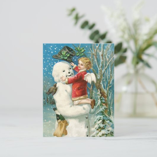 Clapsaddle: Snowman met Angel Girl Briefkaart (Staand voorkant)
