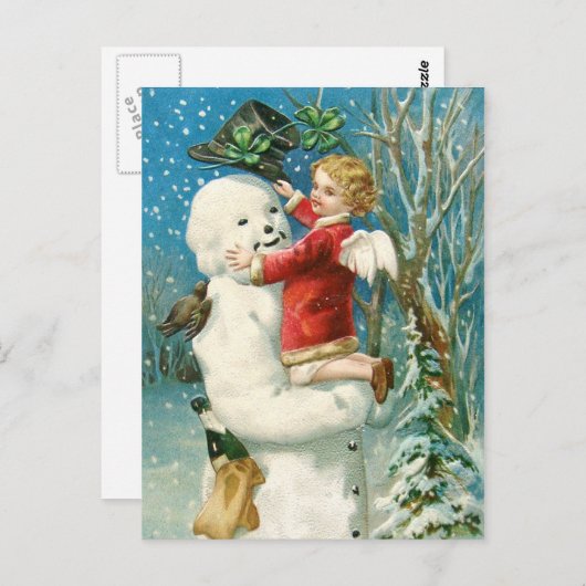 Clapsaddle: Snowman met Angel Girl Briefkaart (Voorkant / Achterkant)