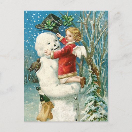 Clapsaddle: Snowman met Angel Girl Briefkaart (Voorkant)