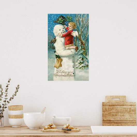 Clapsaddle: Snowman met Angel Girl Poster (Keuken)