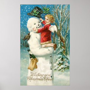 Clapsaddle: Snowman met Angel Girl Poster