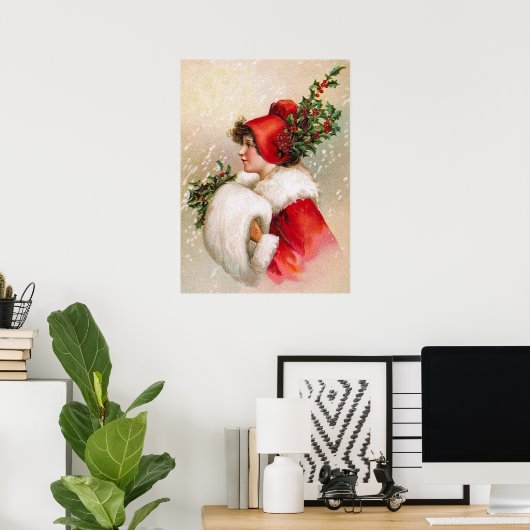 Clapsaddle: Winter Girl met Holly Pet Poster (Thuiskantoor)