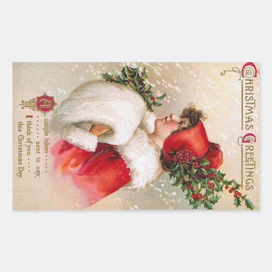 Clapsaddle: Winter Meisje met Holly Pet Rechthoekige Sticker (Voorkant)