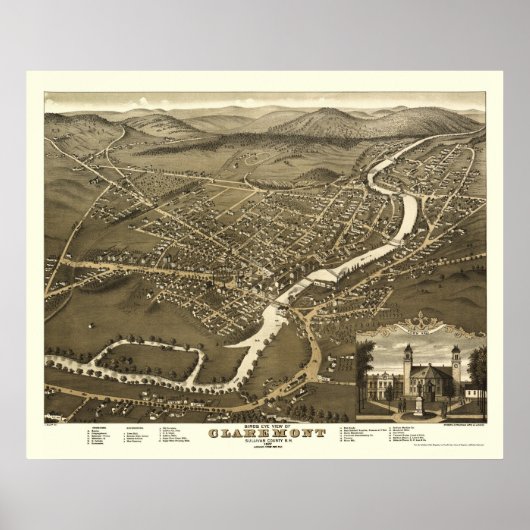 Claremont, NH Panoramic Map - 1877 Poster (Voorkant)