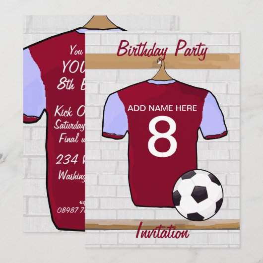 Claret and Blue Soccer Jersey Birthday Party Kaart (Voorkant / Achterkant)