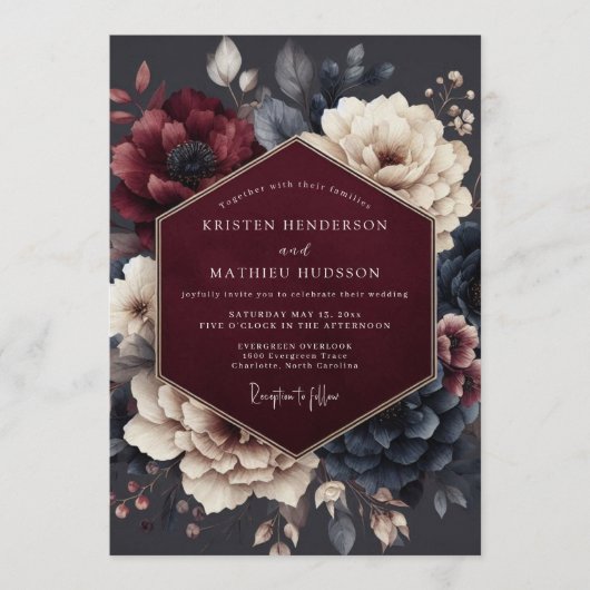 Claret Midnight Flora Wedding Kaart (Voorkant)