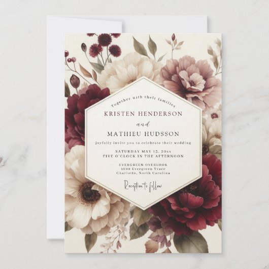 Claret Moody Bloom Wedding Kaart (Voorkant)