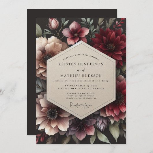 Claret Opulent Flora Wedding Kaart (Voorkant / Achterkant)