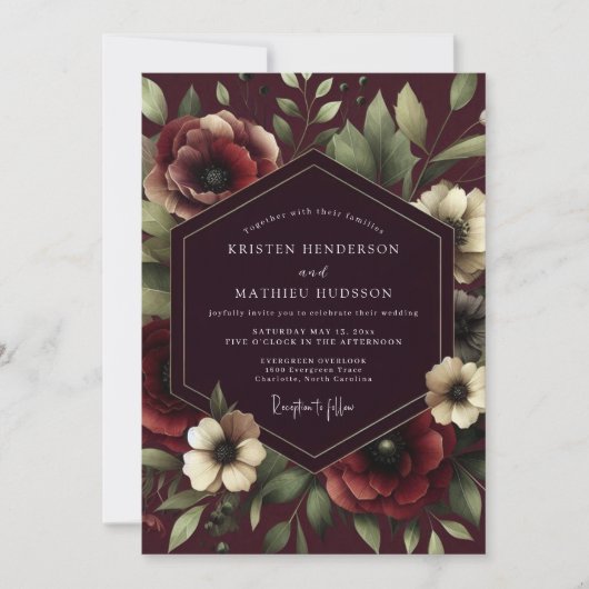 Claret Renaissance Bloom Wedding Kaart (Voorkant)
