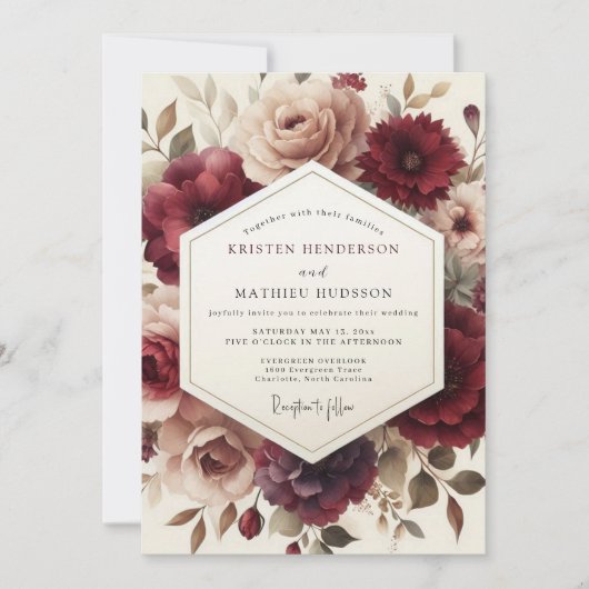 Claret Romantic Bloom Wedding Kaart (Voorkant)