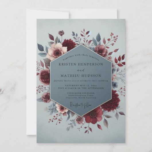 Claret Slate Painterly Bloom Wedding Kaart (Voorkant)