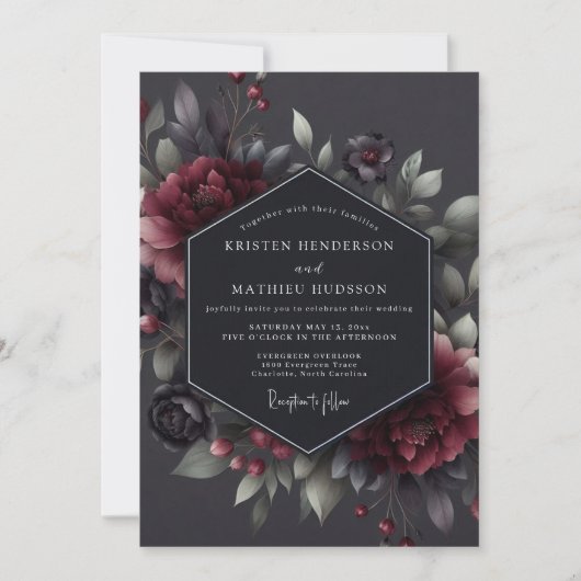 Claret Somber Flora Bruiloft Kaart (Voorkant)
