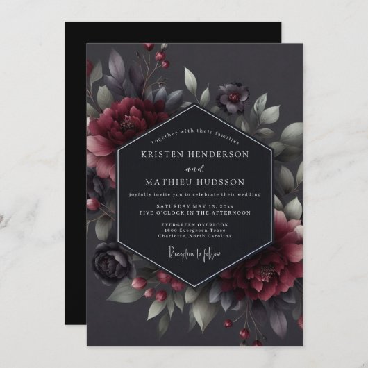 Claret Somber Flora Wedding Kaart (Voorkant / Achterkant)