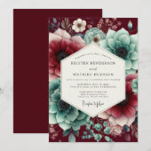 Claret Teal Moody Bloom Bruiloft Kaart (Voorkant / Achterkant)