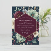 Claret Teal Shadowy Bloom Wedding Kaart (Staand voorkant)