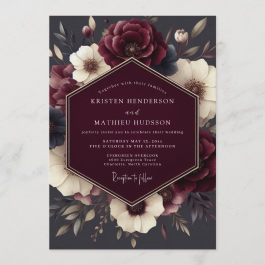 Claret Tenebrous Flora Wedding Kaart (Voorkant)