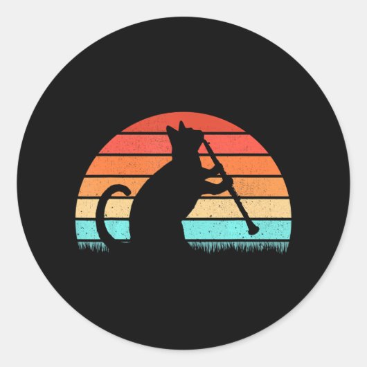 Clarinet Cat Player Retro Clarinetist Music Lover Ronde Sticker (Voorkant)