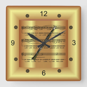 Clarinet ~ Curved Sheet Music ~ Gold Background Vierkante Klok