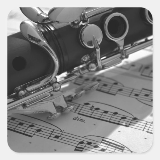 Clarinet met blademuziek vierkante sticker (Voorkant)