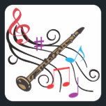 Clarinet met muziek vierkante sticker<br><div class="desc">Clarinet met roerige staf en kleurrijke muzieknoten</div>