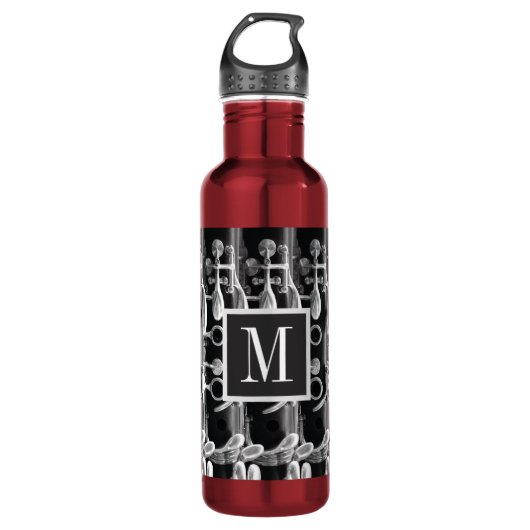 Clarinet met rood, zwart en wit monogram waterfles (Voorkant)