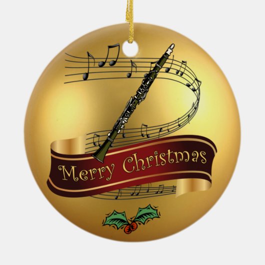 Clarinet ~ Musical Scroll ~ Gold Merry Kerst~ Keramisch Ornament (Achterkant)