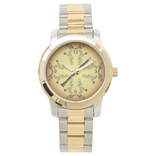 Clarinet ~ Musical Scroll ~ Golden Background ~ Horloge (Voorkant)