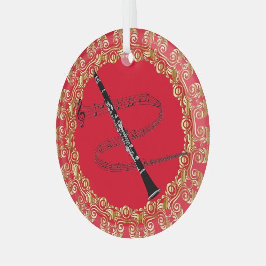 Clarinet, rood en goud glas ornament (Voorkant links)