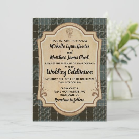Clark Tartan Wedding Invitation Kaart (Staand voorkant)