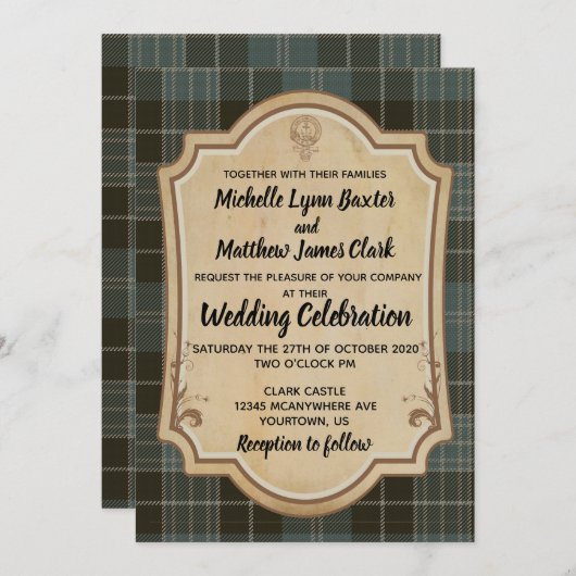 Clark Tartan Wedding Invitation Kaart (Voorkant / Achterkant)