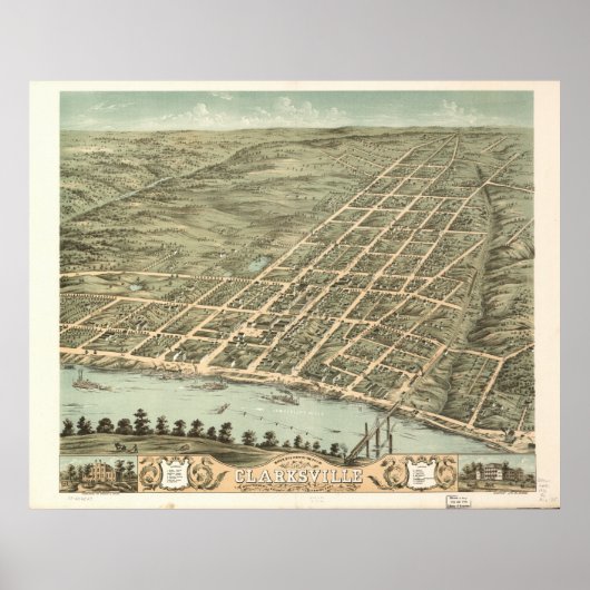 Clarksville Tennessee 1870 Antiek Panoramic Map Poster (Voorkant)