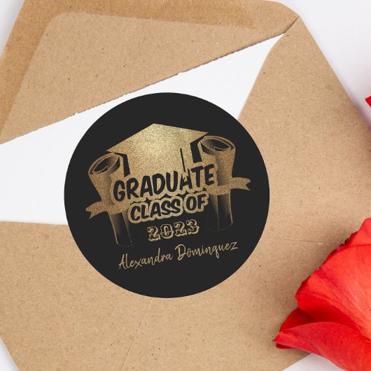 Class of 2023 Gold Glitter Black Grad Party Favor Ronde Sticker