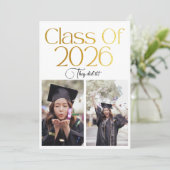 Class of 2026 2 Photo Twins Black Gold Typography Kaart (Staand voorkant)