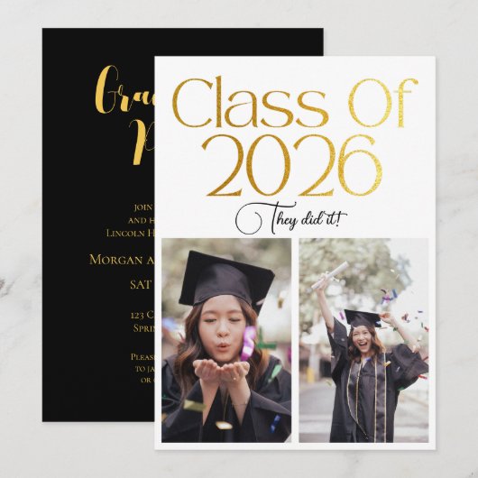 Class of 2026 2 Photo Twins Black Gold Typography Kaart (Voorkant / Achterkant)