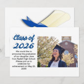 Class of 2026 blue script graduation photo kaart (Voorkant / Achterkant)