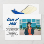 Class of 2026 blue typography graduation photo kaart (Voorkant / Achterkant)