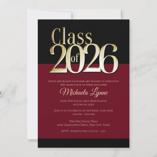 Class of 2026 Burgundy and Gold Grad Invitation Kaart (Voorkant)