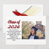 Class of 2026 burgundy script graduation photo kaart (Voorkant / Achterkant)