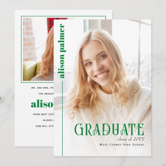 Class of 2026 GRADUATE minimalist green photo Aankondiging (Voorkant / Achterkant)