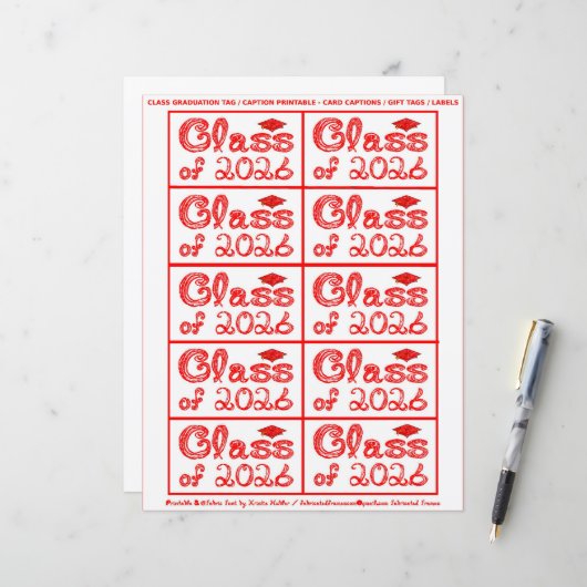 Class of 2026 Graduation Red Tag Captions Paper (Voorkant / Achterkant in situ)